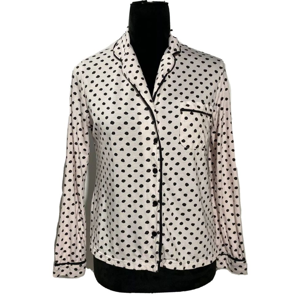 Kate Spade M Top Night Shirt Blush Pink Black Polka Dot Pocket Button Down Loung